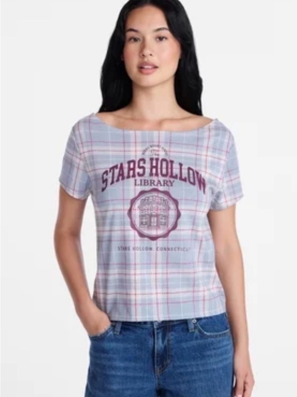 Hybrid Apparel Light Blue Plaid Stars Hollow Graphic Crop Tee